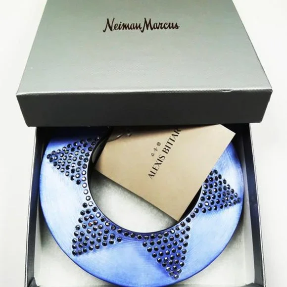ALEXIS BITTAR Blue Lucite Silver Swarovski Crystal Wide Bangle Bracelet - Picture 2 of 9